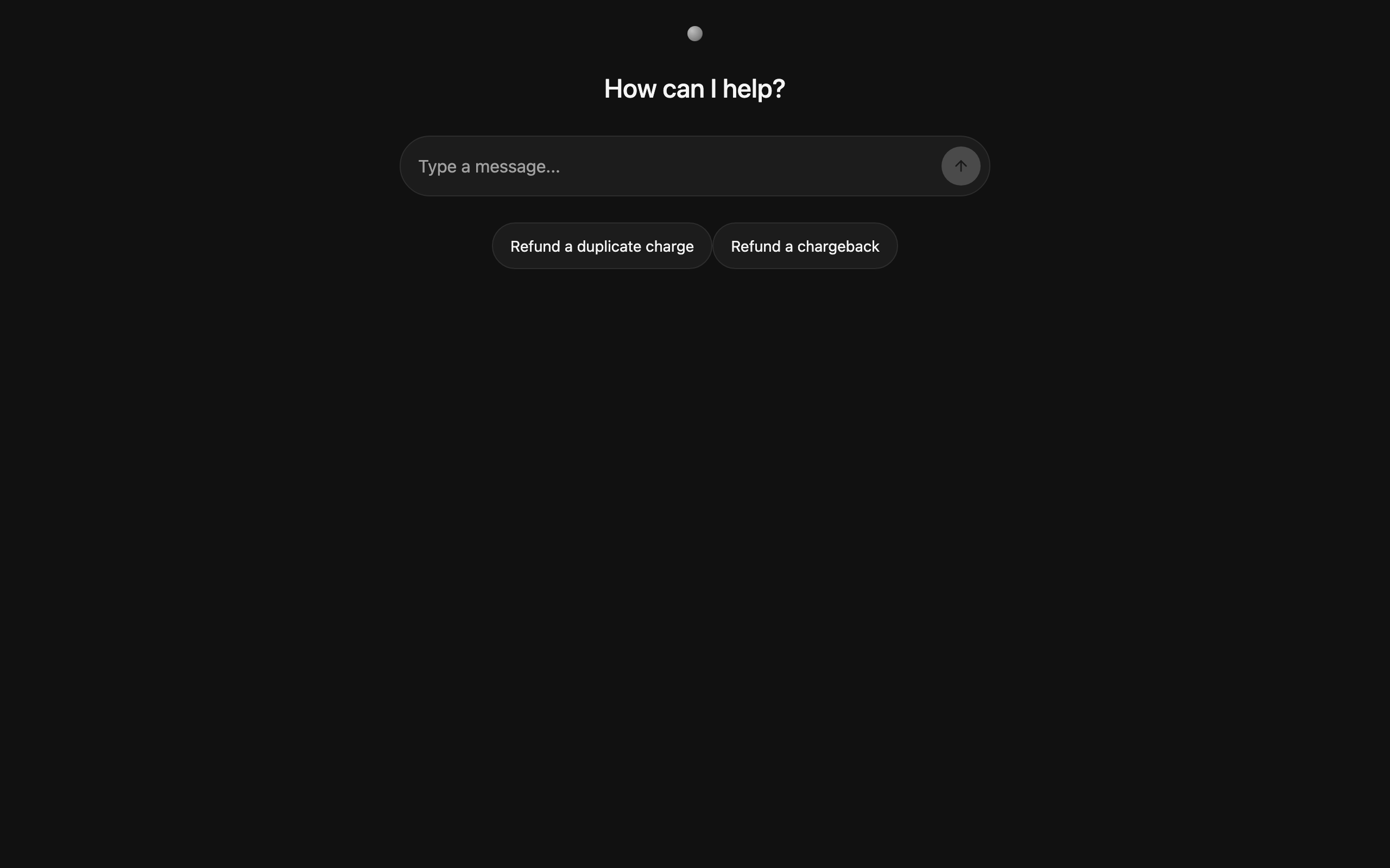 The cockpit ag-ui/interrupts welcome screen showing two suggestion chips: 'Refund a duplicate charge' and 'Refund a chargeback.'